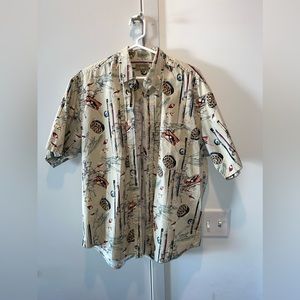 Natural Issue Men’s Shirt Fly Fishing Reel Print 100% Cotton Vintage Style